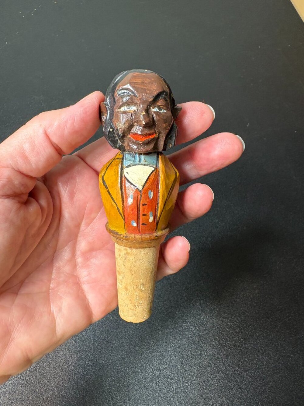 Vintage Hand Carved & Painted Wooden Bottle Stopper. Americana